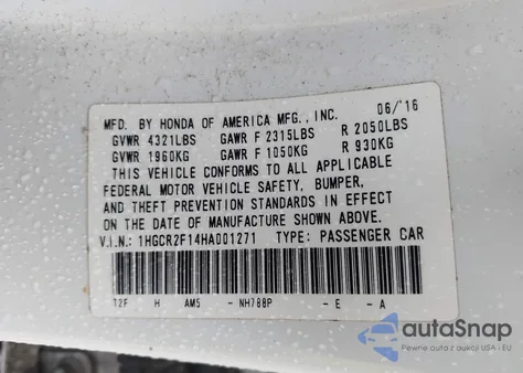 2017 Honda Accord Sport Se z USA, uszkodzony, nr VIN 1HGCR2F14HA001271